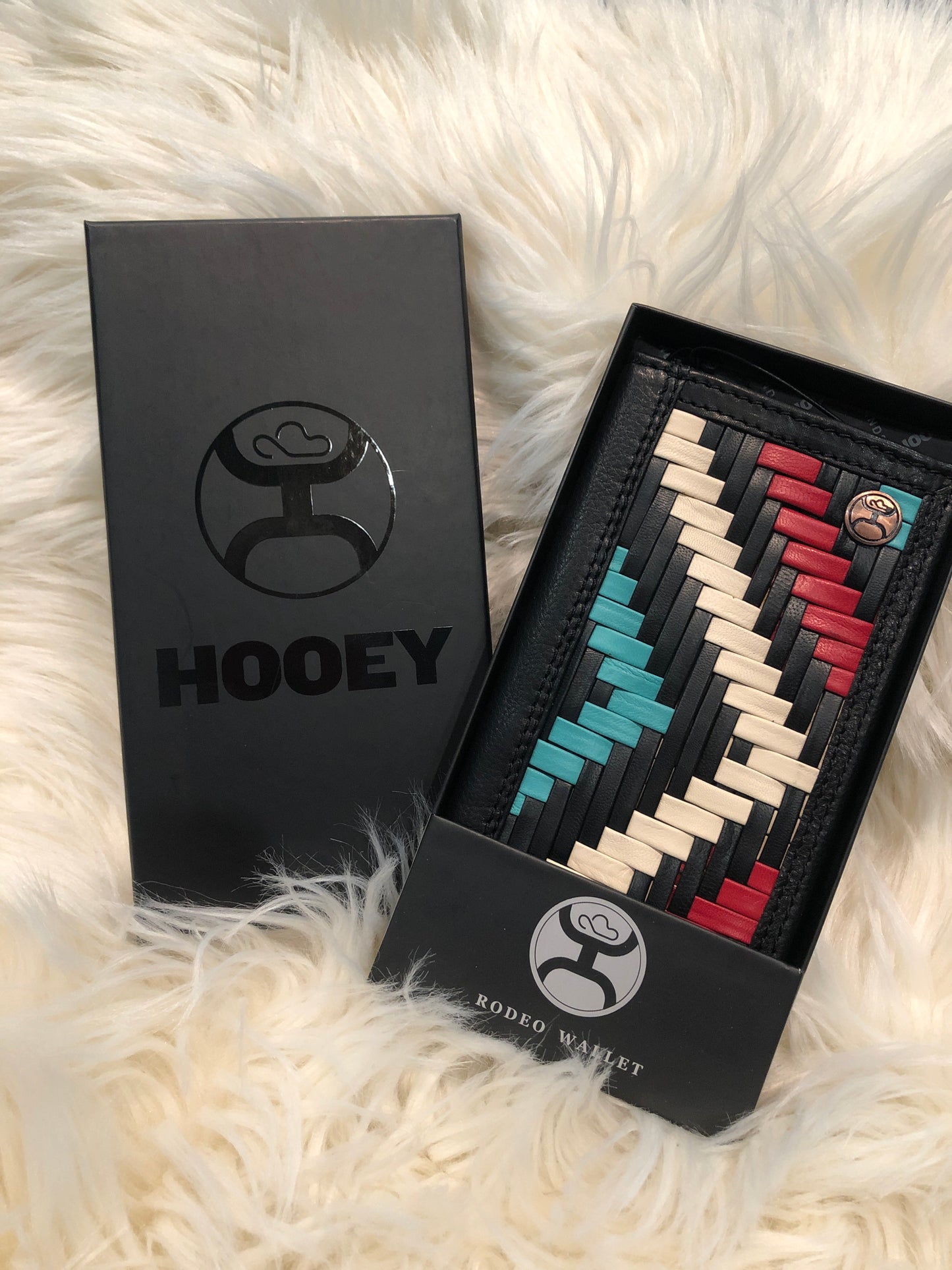 HOOEY WALLET LEATHER HW010-BKRD "Black Hawk" Rodeo Hooey Wallet Black/Red Aztec Print