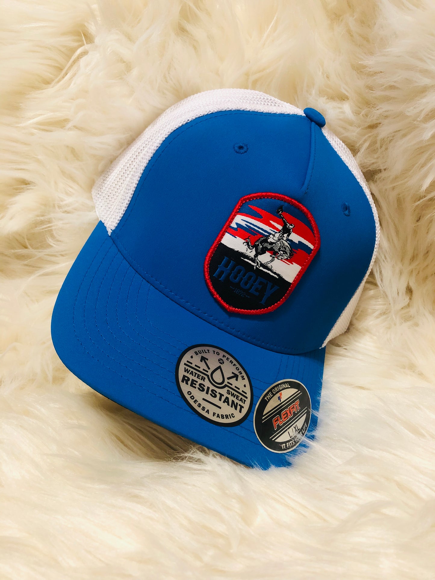 HOOEY CHEYENNE BLUE WHITE W/ RED WHITE AND BLUE PATCH FLEXFIT